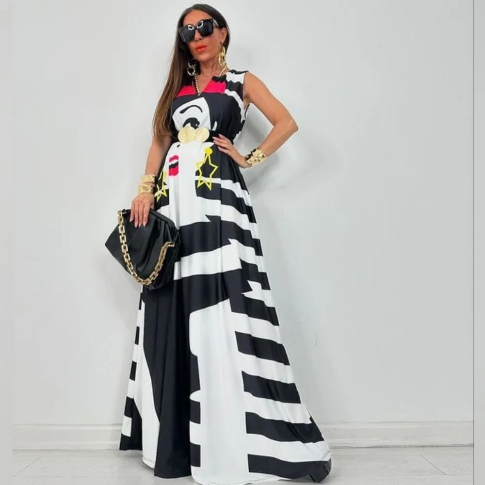 NWT Black, White & Hot Pink Face Print Sleeveless Maxi - Picture 1 of 2